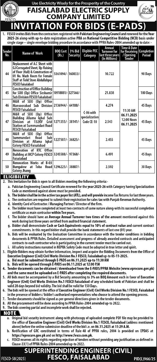 FESCO Faisalabad Tender Notice